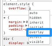 Developer Toolsでoverlay値を表示したキャプチャ。overflowのサジェストにoverlay値が出てくる